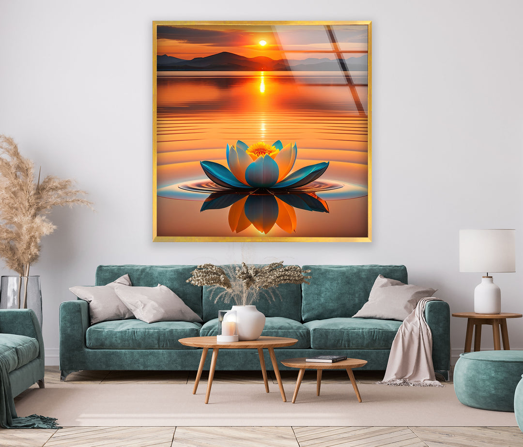 Lotus At Sunset Glass Wall Art, custom glass photo prints, large glass prints