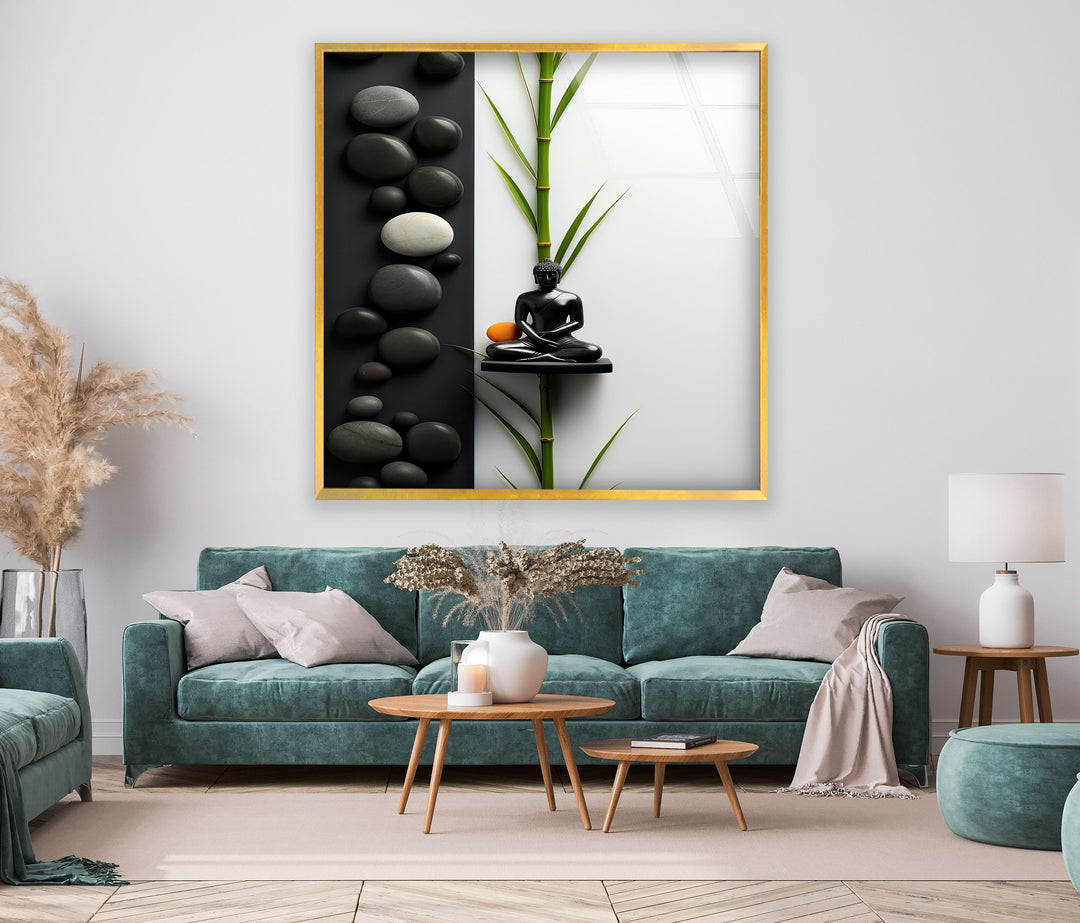 Buddha Statue and Stones Glass Wall Art