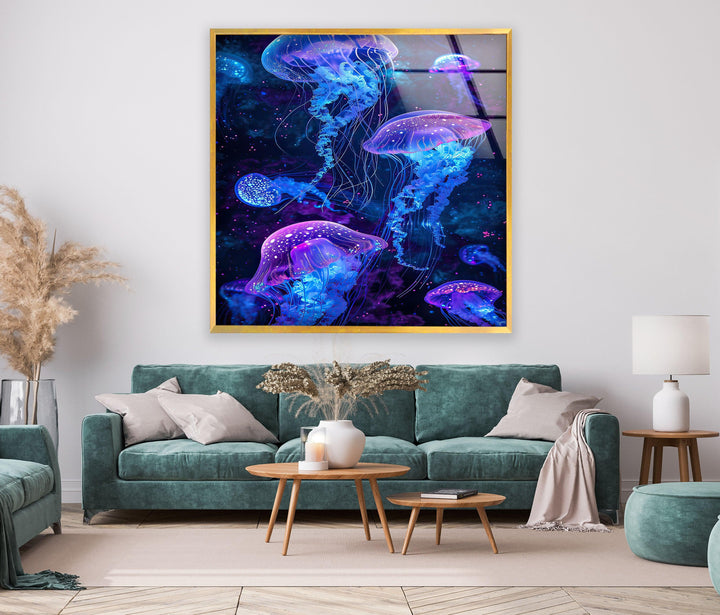 Glowing Jellyfish Glass Wall Art custom glass pictures, glass art prints