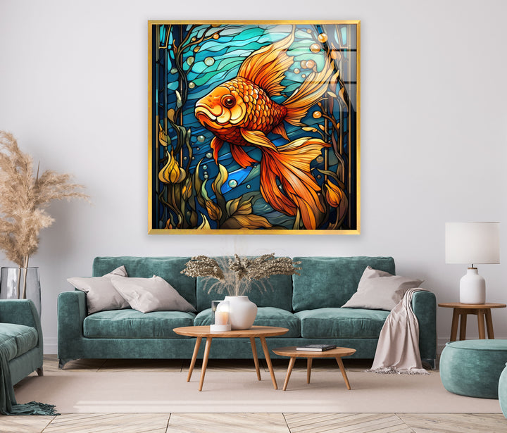 Colored Golden Fish Glass Wall Art print picture on glass,Tempered Glass Wall Art