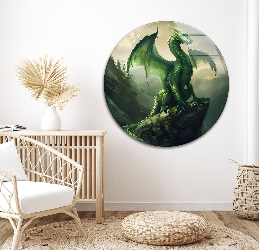 A stunning green dragon, etched in fine detail on glass, bringing a touch of fantasy to your wall.
