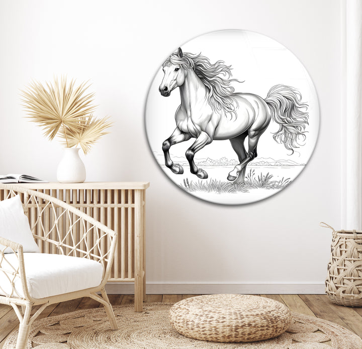 A bold black and white wall decor print showcasing the raw energy of a running horse.