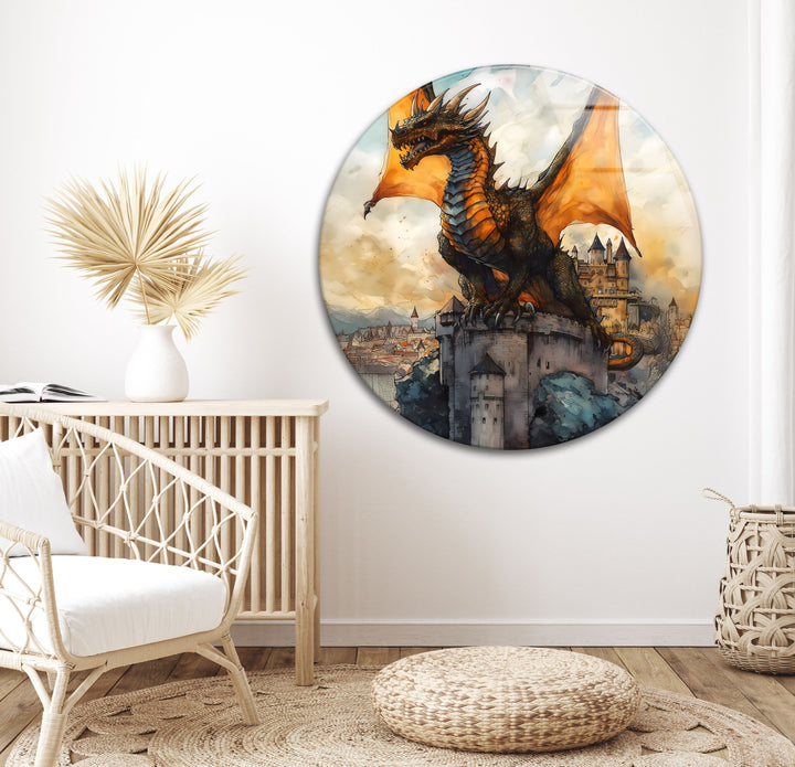 Fantasy Dragon on Castle Tower: A Bold Glass Art Piece
