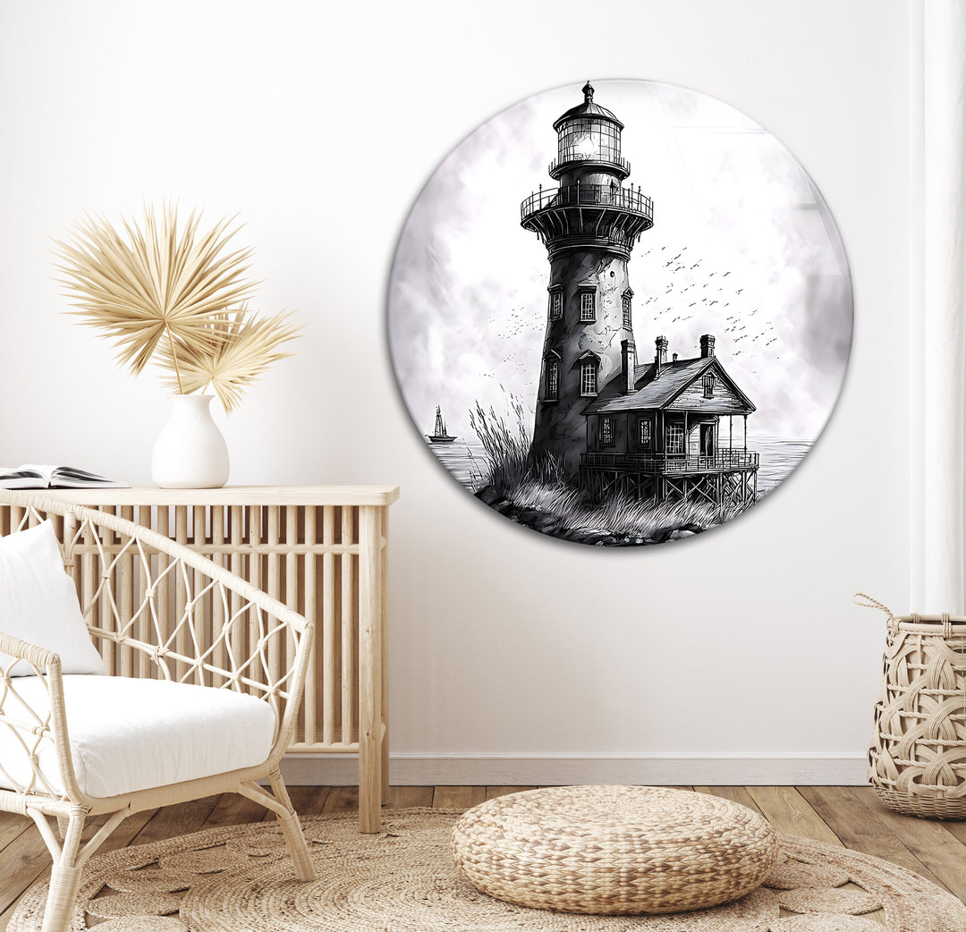 Stormy Lighthouse at Sea - Dramatic Black and White Glass Wall Art
