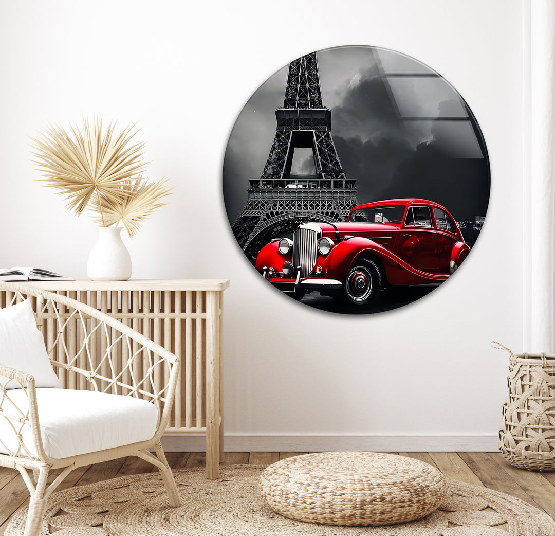 Experience the allure of Paris with a red vintage car in front of the Eiffel Tower, captured in captivating black and white glass art.

