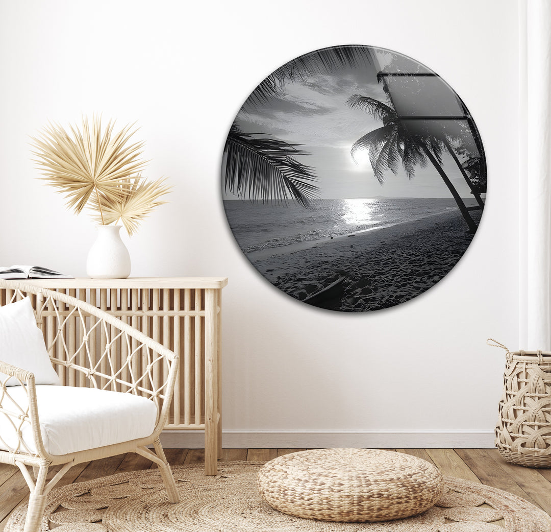 Seaside Tranquility - Black and White Glass Wall Art for Home & Office
