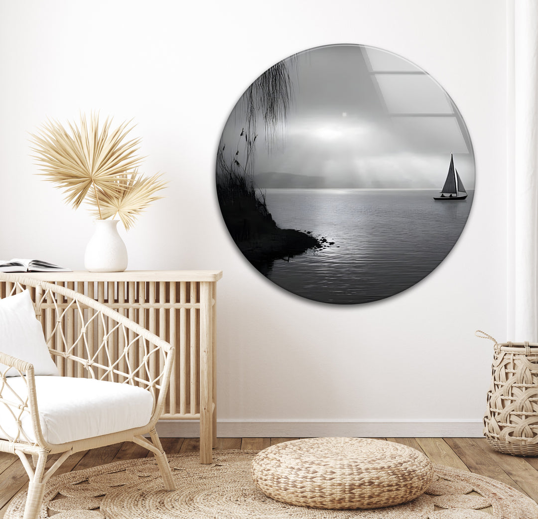 Tranquil Seascape – Black & White Sailboat Sunset Wall Art