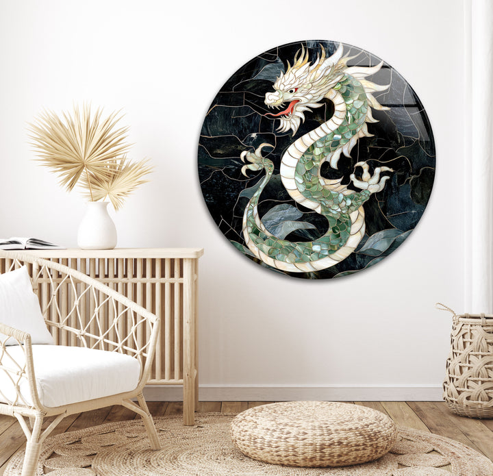 Powerful green dragon, captured in finely crafted mosaic art with mythical charm.
