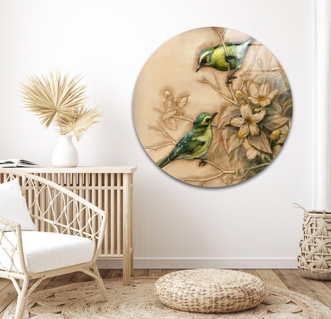 Green Sparrows Glass Wall Art Glass Printing Wall Art, Print photos on glass
