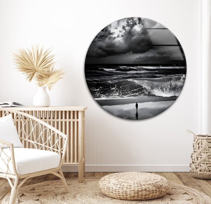 A dramatic black and white glass wall decor piece that showcases the unpredictable beauty of nature.

