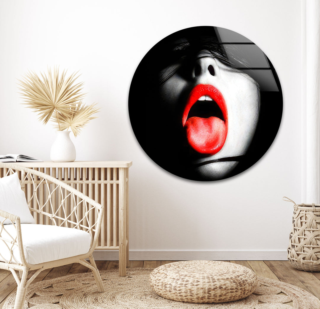 Woman With Red Lips & Tongue Glass Wall Art custom glass pictures, glass art prints
