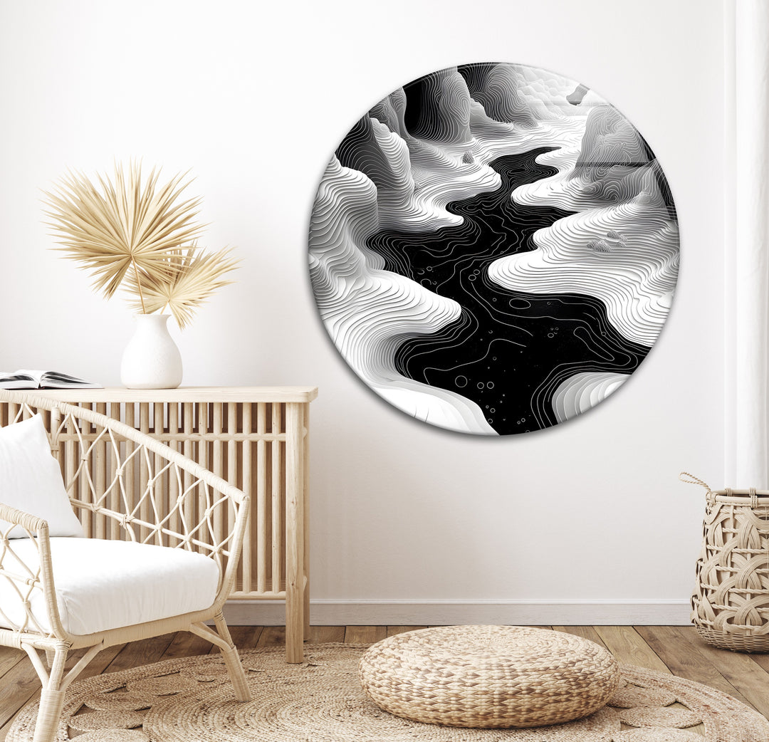 Whimsical River: Fluid Abstract Landscape in Black and White on Glass
