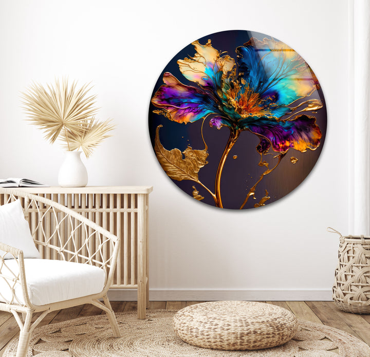 Gold Abstract Flower Glass Wall Art, large glass photo prints, glass wall photos