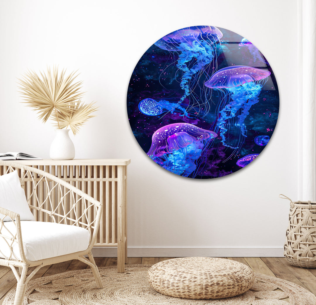 Glowing Jellyfish Glass Wall Art glass pictures for Wall, glass prints wall art