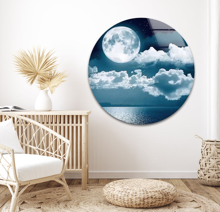 Blue Moon & Clouds Glass Wall Art stained glass wall art, stained glass wall decor