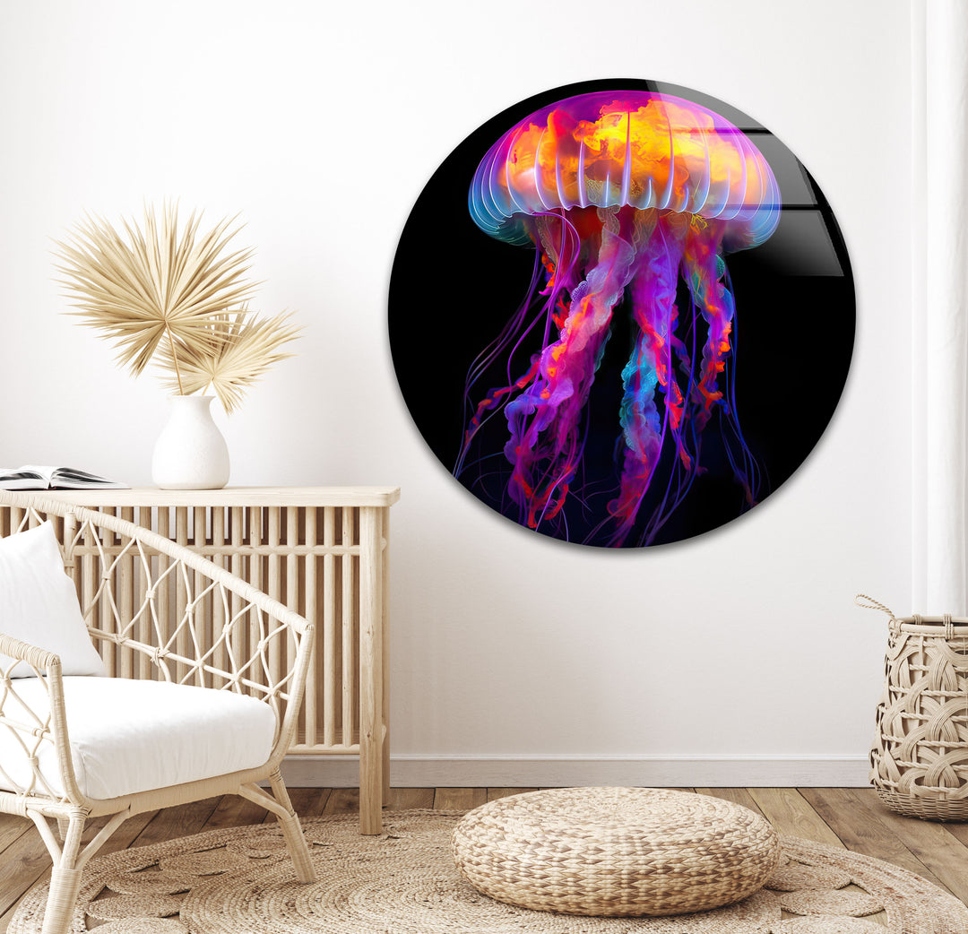 Neon Jellyfish Glass Wall Art print on glass, glass printed photos