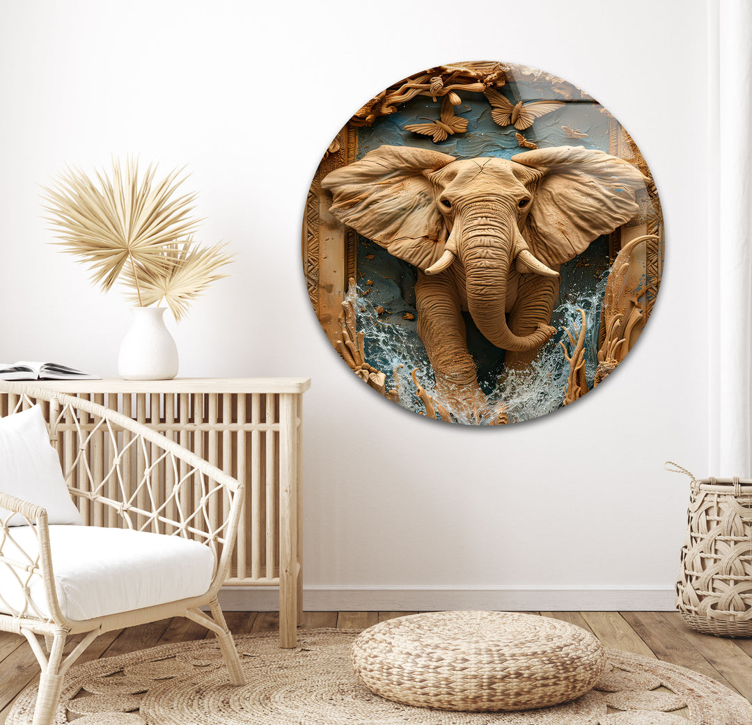 Elephant Carving Glass Wall Art print on glass, glass printed photos