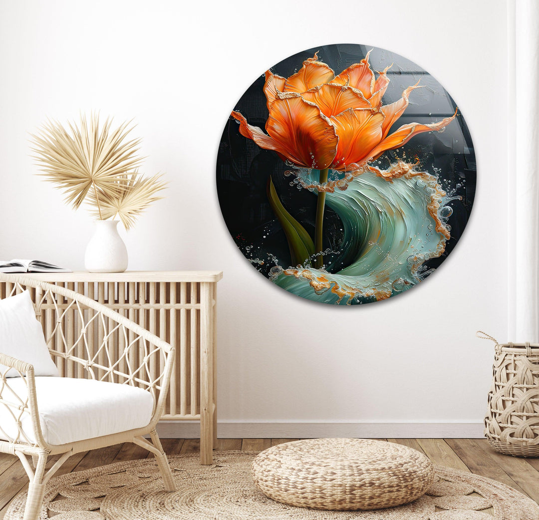 Orange Abstract Flower Glass Wall Art, glass pictures for Wall, glass prints wall art