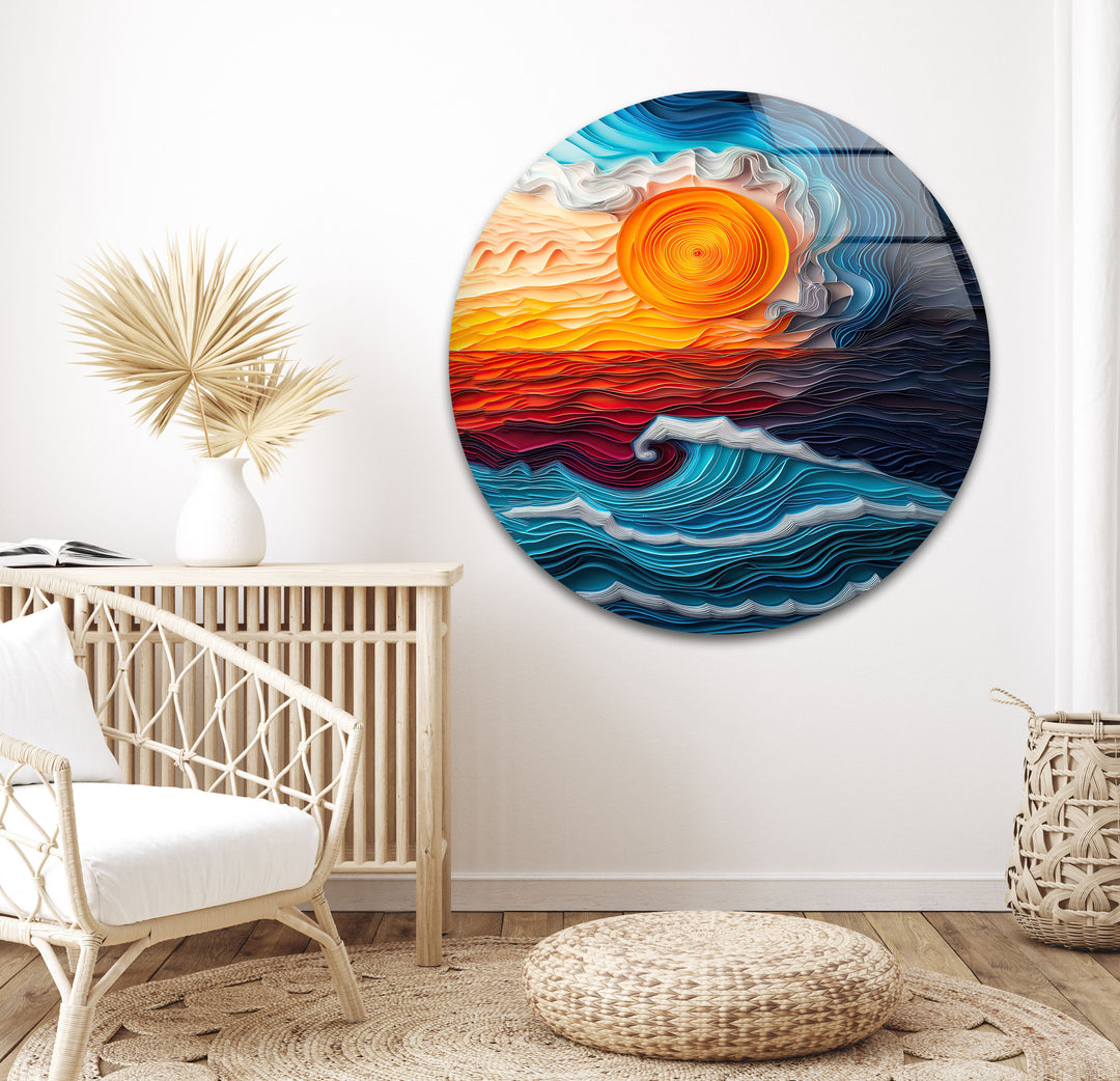 Sunset Oil Blue Painting Glass Wall Art print on glass, glass printed photos