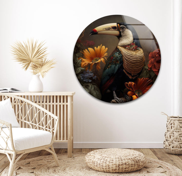 Toucan with Flowers Glass Wall Art picture on glass wall art, photos printed on glass