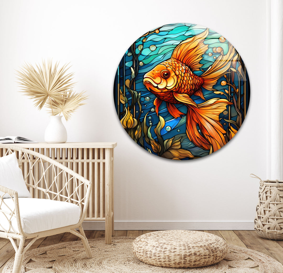 Colored Golden Fish Glass Wall Art             glass wall decor, glass wall art decor