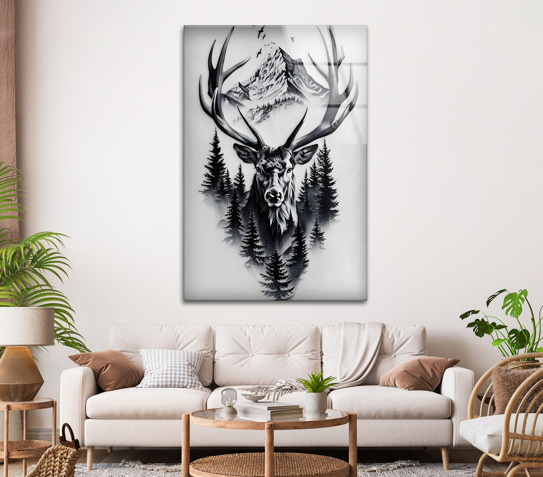 Majestic Stag & Mountain – Black & White Wildlife Wall Art