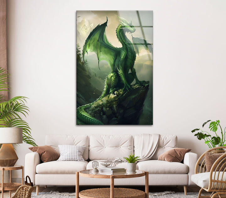 A fierce green dragon in full flight, beautifully printed on premium quality glass wall art.
