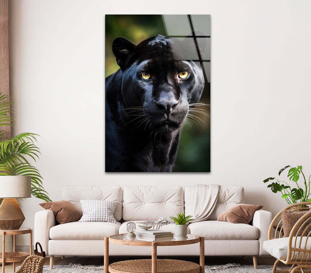 Black Puma Portrait Glass Wall Art stained glass wall art, stained glass wall decor
