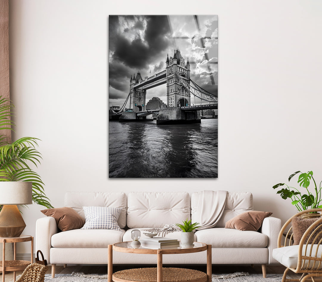 A striking black and white photograph of Tower Bridge, transformed into premium glass wall art.
