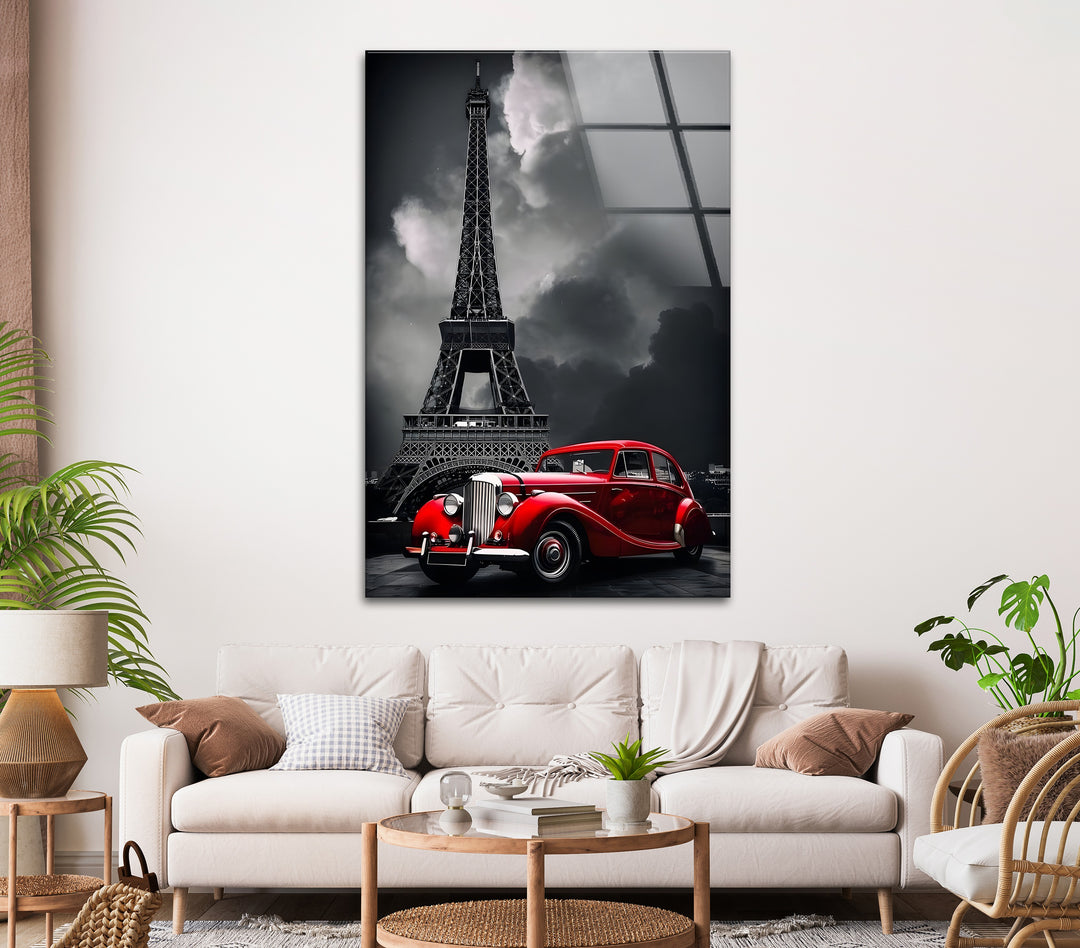 This stunning black and white wall art captures a red vintage car with the Eiffel Tower, adding Parisian flair to any room.

