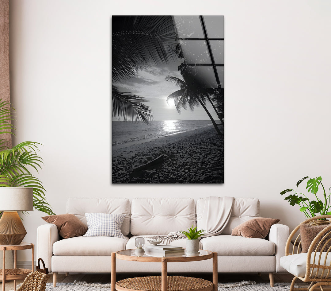 Relaxing Beach Getaway - Black and White Coastal Glass Wall Art
