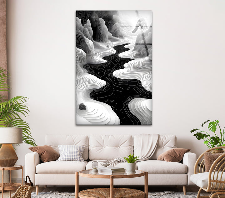 The Flow of Nature: Abstract River in Black and White on Glass Wall Art
