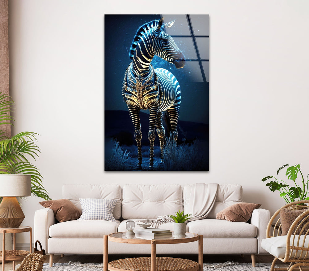 Blue Night Zebra Glass Wall Art glass image printing, glass prints from photos
