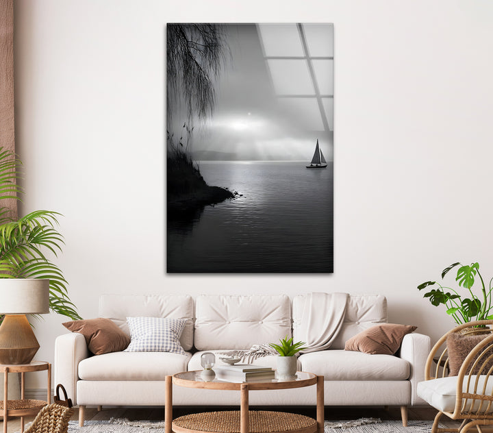 Tranquil Seascape – Black & White Sailboat Sunset Wall Art