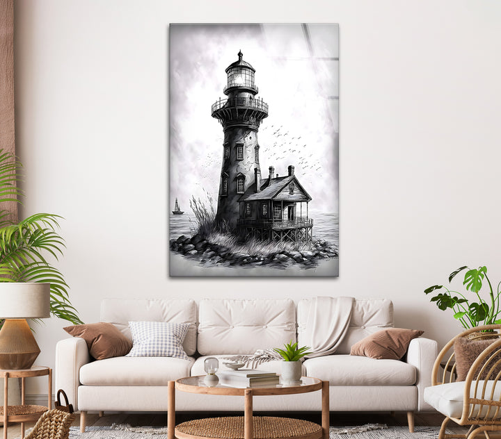 Black and White Lighthouse Glass Wall Art - Coastal Home Decor
