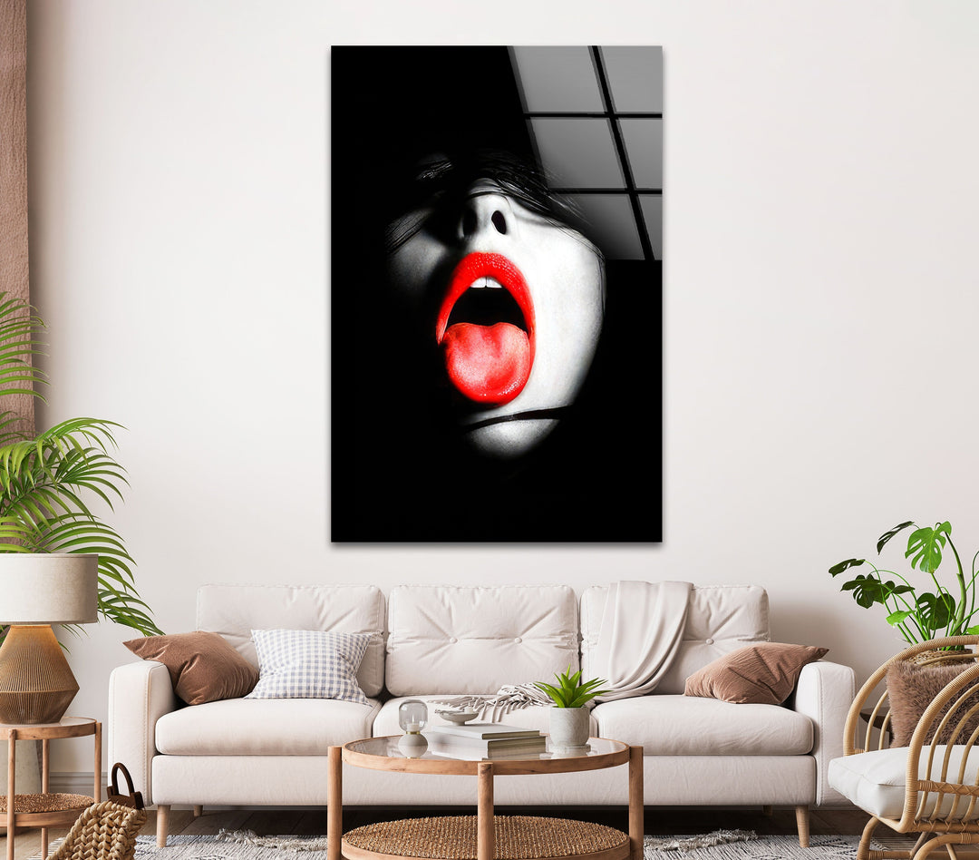 Woman With Red Lips & Tongue Glass Wall Art glass photo prints, glass picture prints
