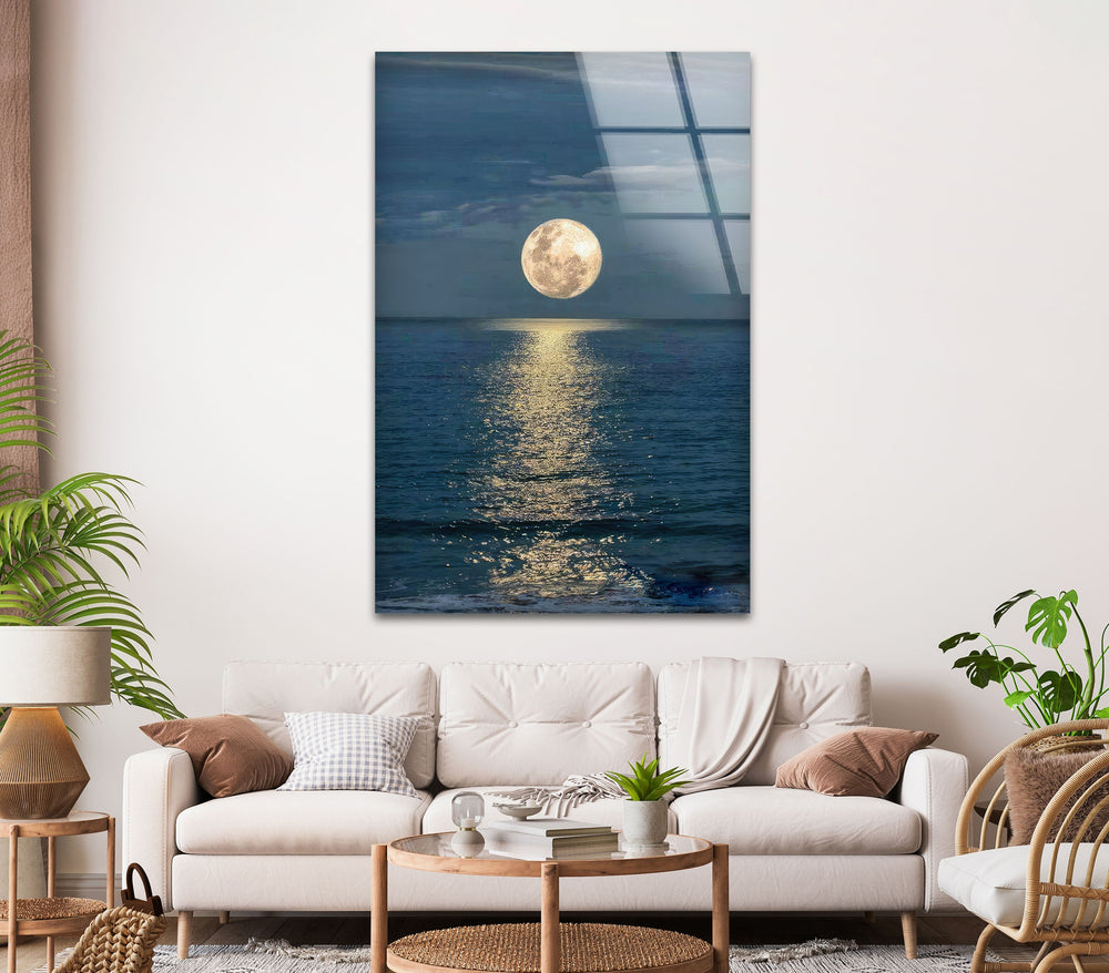 Moon and Sea Night Sunset Glass Wall Art glass wall decor, glass wall art decor
