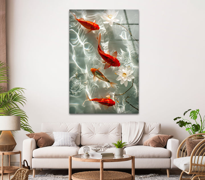 Orange Koi Fishes Glass Wall Art picture on glass wall art, photos printed on glass
