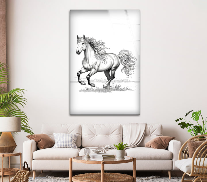 A captivating black and white glass wall decor piece that highlights the strength and elegance of a running horse.