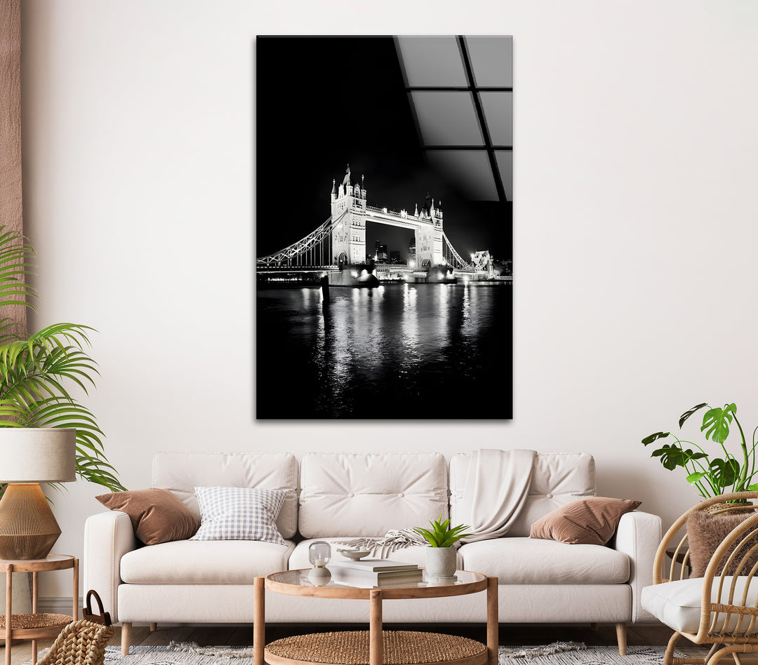 Tower Bridge at Night: A dramatic black-and-white artwork featuring the beauty of Tower Bridge at night.
