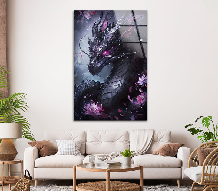 Explore a world of mystery with a purple dragon in this captivating fantasy glass wall art.
