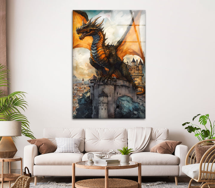 Fierce Dragon Above Castle: Dramatic Fantasy Art on Glass
