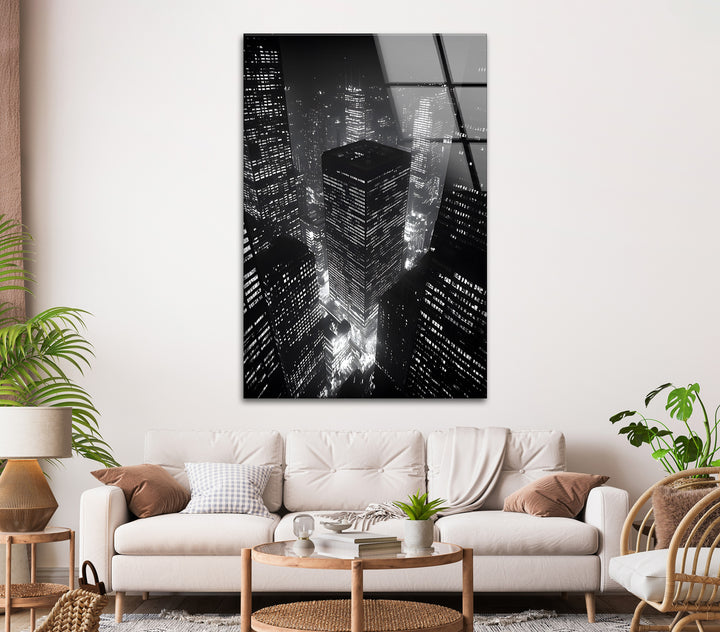 Skyscraper Lights: Elegant Black and White Cityscape Art on Glass
