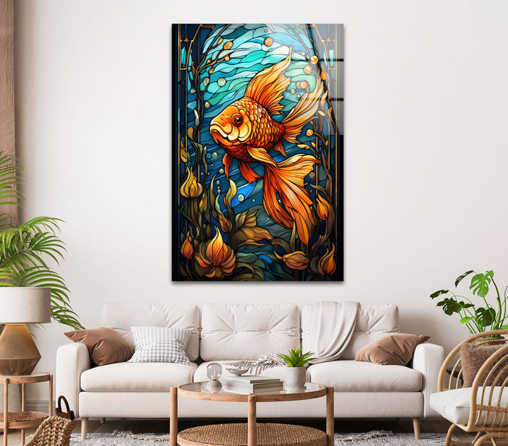 Colored Golden Fish Glass Wall Art print on glass, glass printed photos