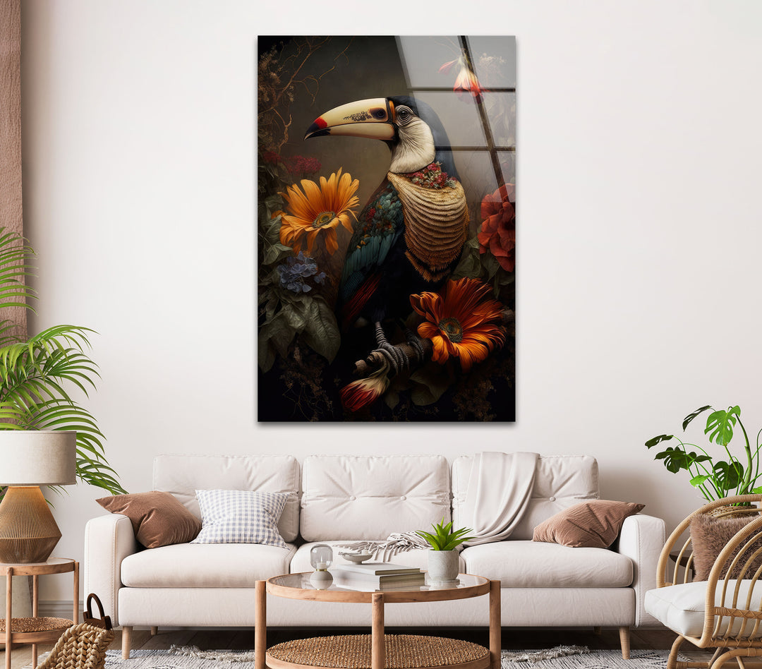 Toucan with Flowers Glass Wall Art large glass photo prints, glass wall photos