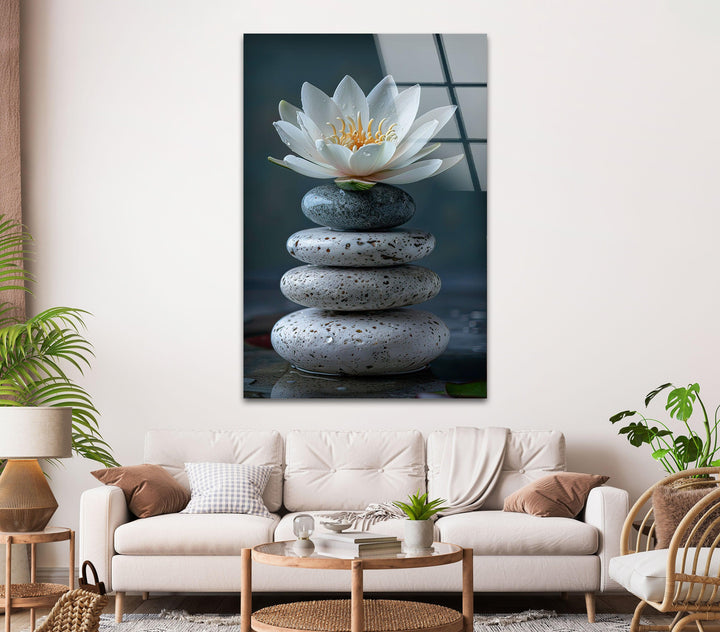 Zen Stones & Lotus Glass Wall Art, glass wall decor, glass wall art decor