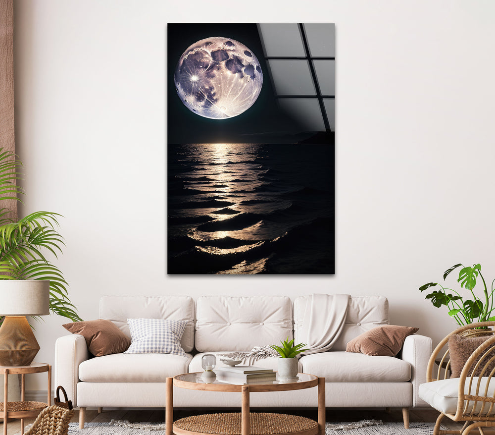 Moon Over Water Glass Wall Art photo print on glass, prints on glass wall art