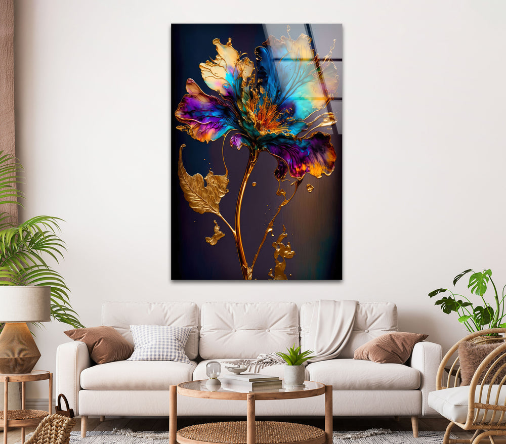 Gold Abstract Flower Glass Wall Art, picture on glass wall art, photos printed on glass