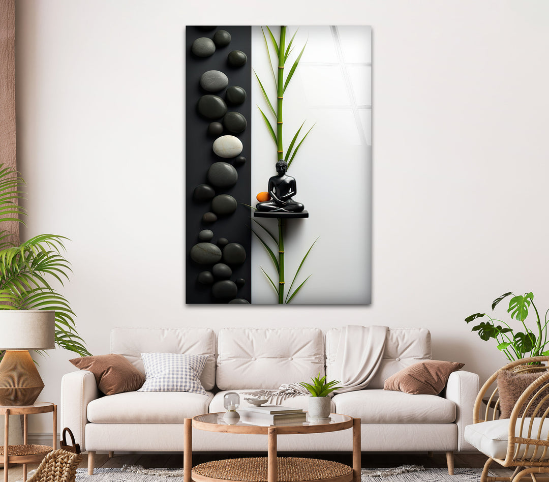 Buddha Statue and Stones Glass Wall Art