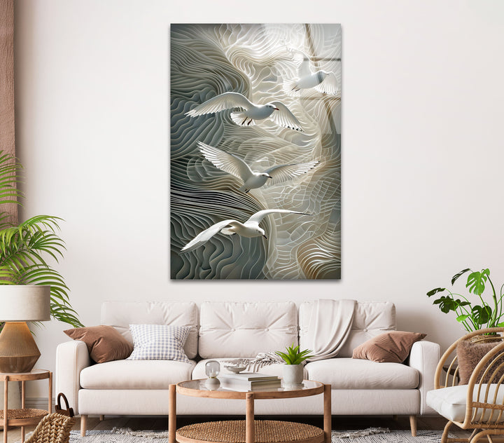 Birds Flying on Wall Glass Wall Art glass image printing, glass prints from photos